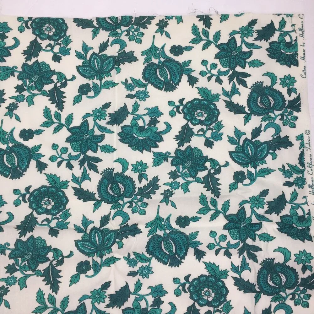 1 Yd Hoffman California Fabrics Quilting Cotton Teal Green Leaves Floral White